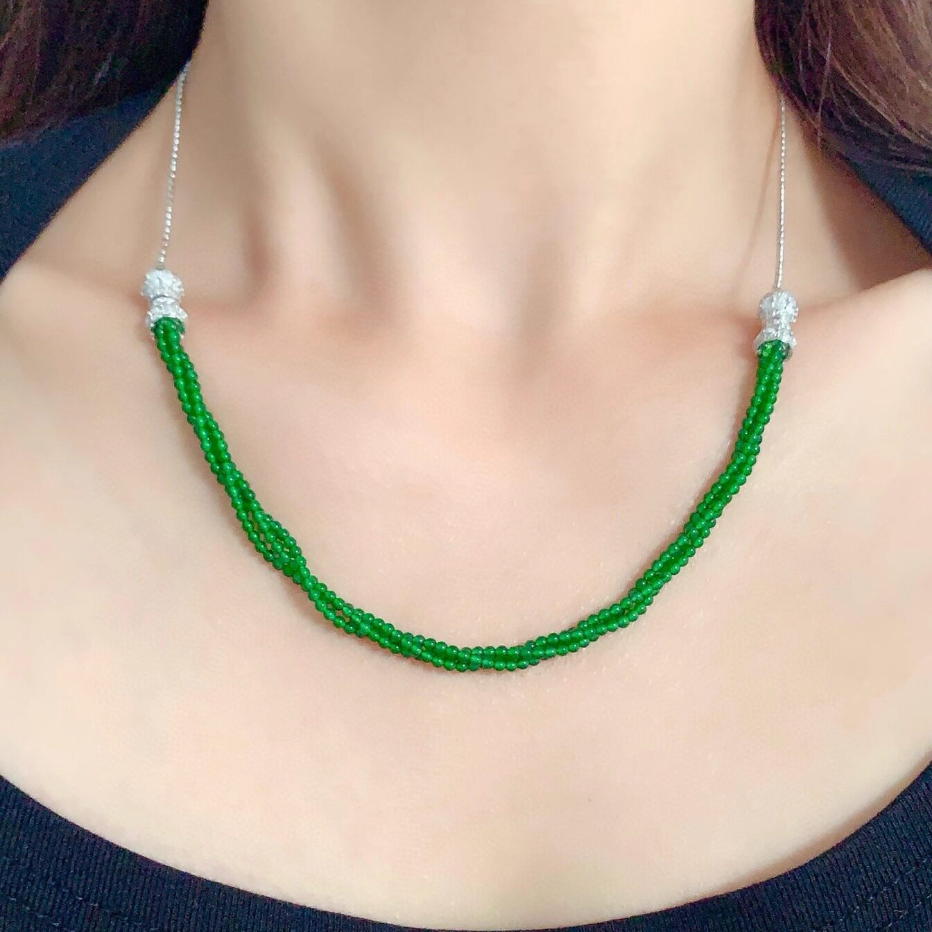 天然A货翡翠小米珠项链颈链锁骨链手链 两用款 麻花扭链