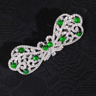 通体925纯银镀金 天然A货翡翠辣绿色女款发夹 国风配饰蝴蝶结