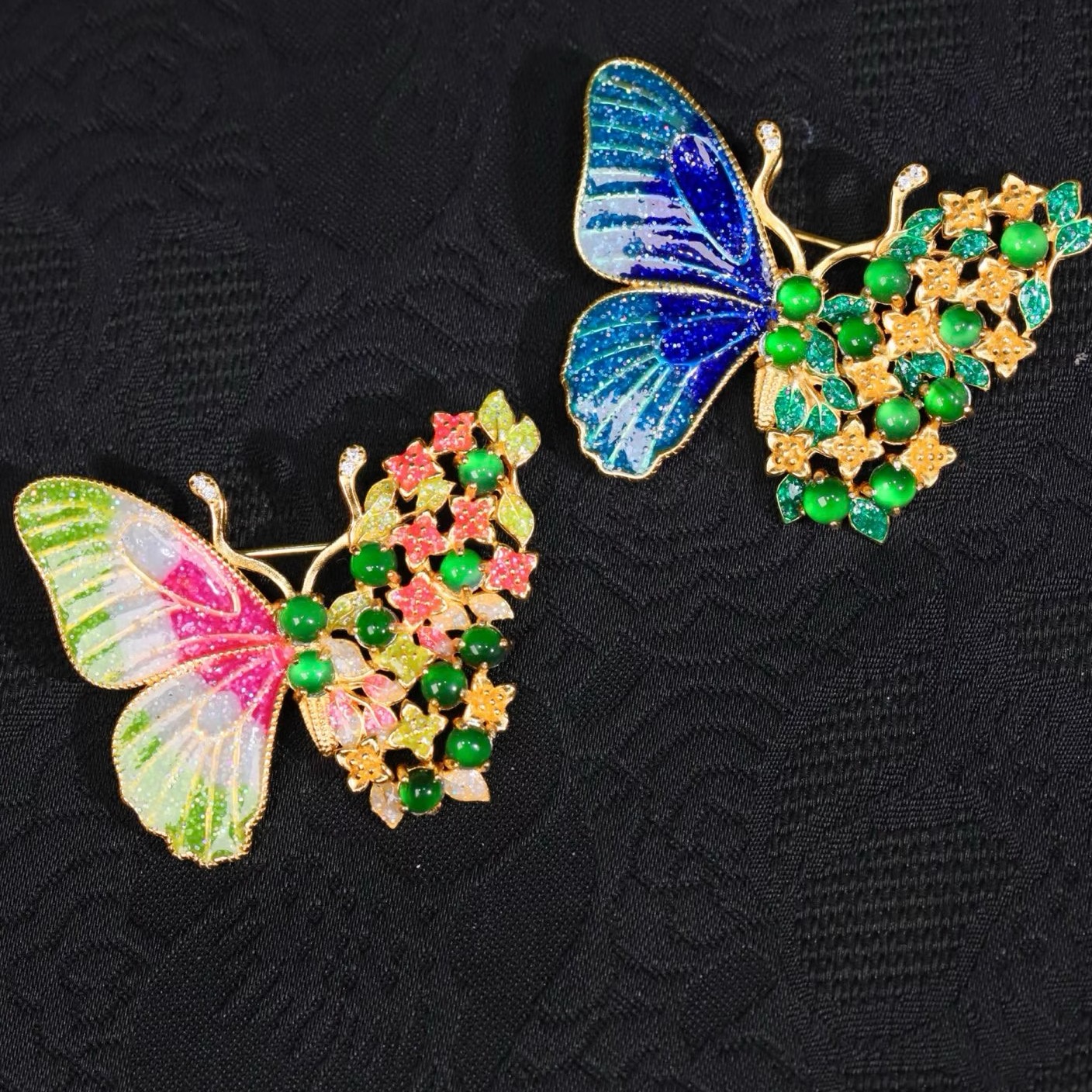 925纯银镀金 珐琅天然A货翡翠蝴蝶胸针女款胸针奢华款