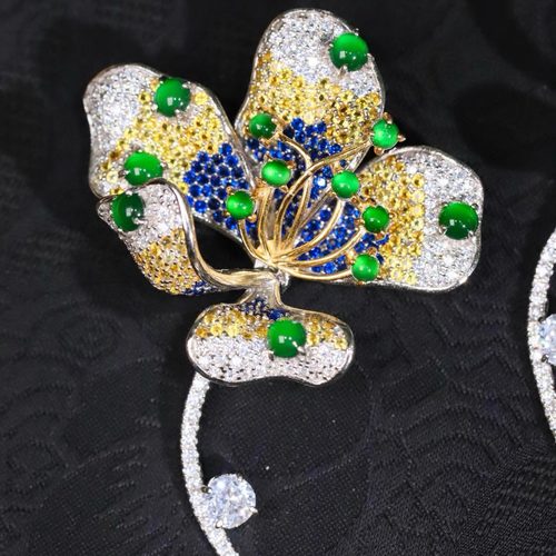 925纯银镀金天然A货翡翠花朵胸针吊坠两用款女款胸针奢华款