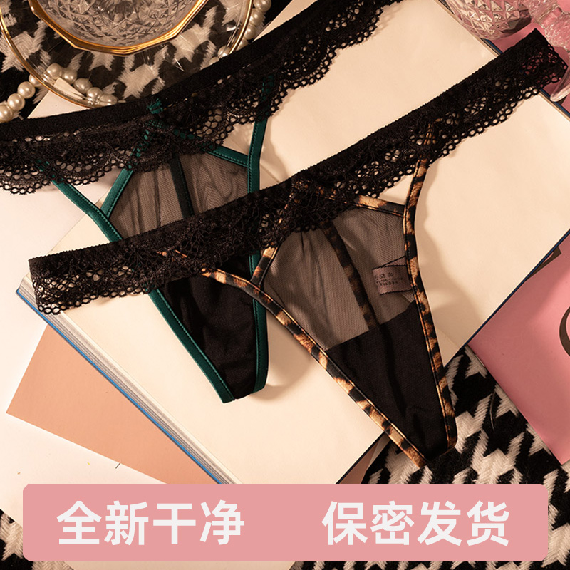 性感豹纹丁字裤女蕾丝无痕内裤网纱透明诱惑欧美一根线绳纯欲大码
