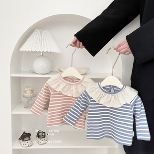 女童洋气荷叶领上衣秋季 新款 宝宝时髦条纹百搭T恤 春装 婴儿打底衫