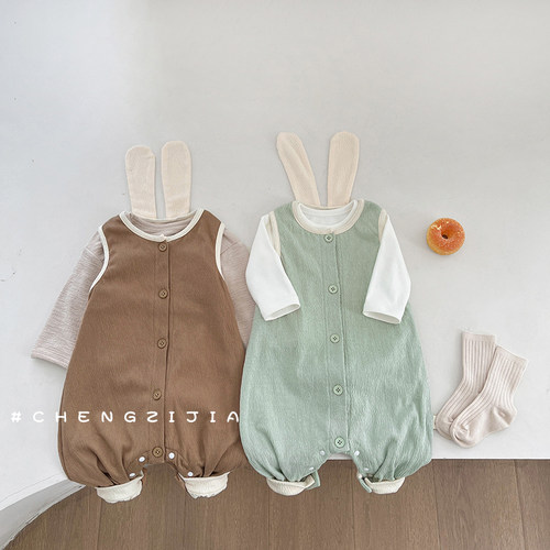 混纺连体衣长爬耳朵否单排扣春秋