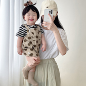 薄款 短袖 套装 婴儿夏季 宝宝洋气衣服女童条纹T恤休闲波点背带短裤