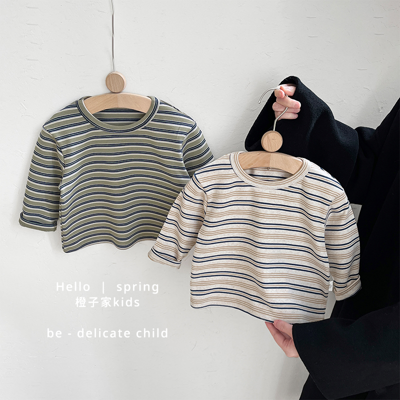 男童长袖T恤春装新款洋气女宝宝条纹休闲打底衫婴儿圆领百搭上衣