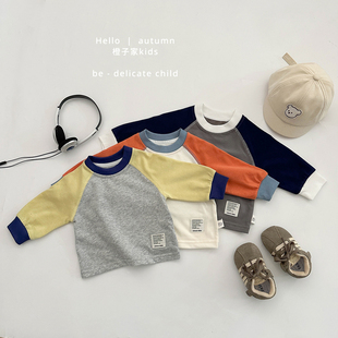宝宝拼色插肩长袖 休闲打底衫 T恤婴儿洋气百搭上衣 韩版 男童春秋装