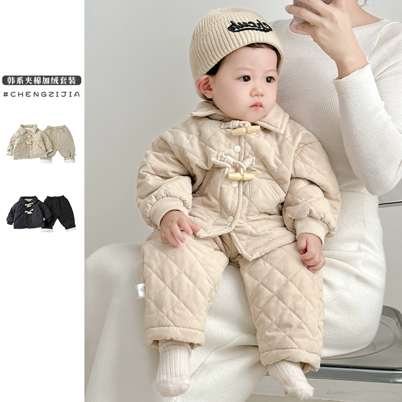 男童套装冬季保暖韩版女宝宝夹棉冬装加绒棉服婴幼儿童装加厚衣服