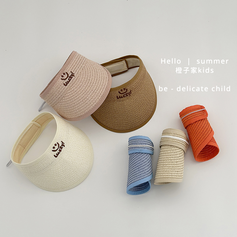 宝宝帽子夏季空顶帽婴儿草编遮阳帽男童女童韩版笑脸防晒太阳帽潮