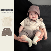 韩系短袖 短裤 套装 男童夏季 婴儿可爱卡通T恤宝宝休闲格子五分裤 潮