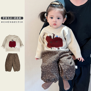休闲套头毛衣婴儿保暖加绒裤 女宝宝冬季 女童韩版 套装 子 加厚针织衫