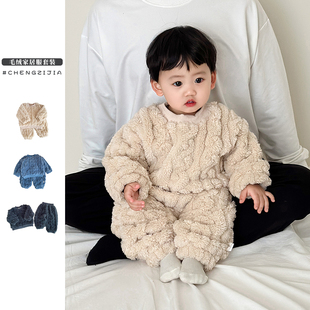 男宝宝冬季 保暖两件套 毛绒睡衣套装 女童双面绒家居服婴儿卫衣卫裤