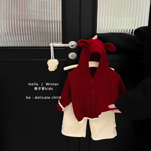 女童冬款新年洋气保暖连帽毛衣
