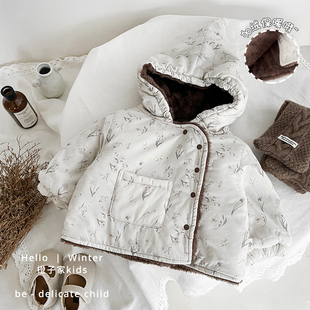 韩版 女童夹棉连帽外套洋气宝宝碎花加绒加厚棉服婴儿保暖棉袄 冬季