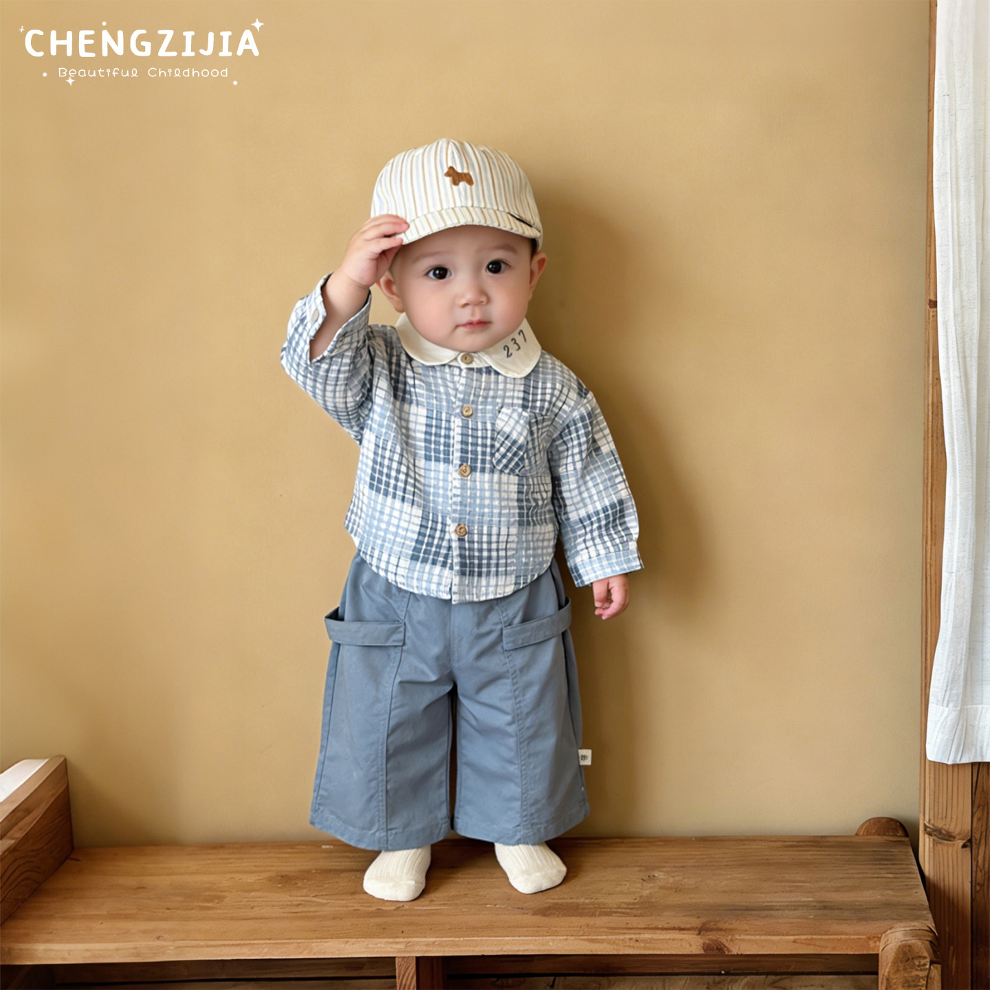 男童春秋装韩系衬衫套装男宝宝洋气格子长袖衬衣婴儿休闲百搭裤子