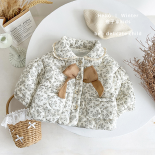女童冬季 夹棉加厚棉袄洋气碎花小女孩保暖棉服甜美可爱蝴蝶结外套
