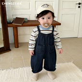 子婴儿条纹长袖 男童春秋装 宝宝韩系吊带连体裤 套装 T恤 牛仔背带裤