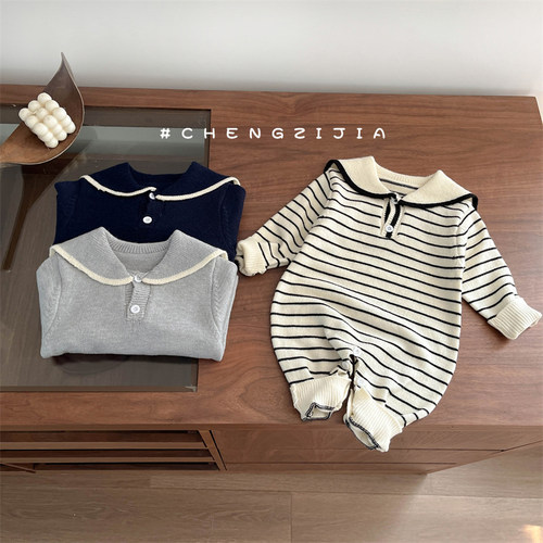 针织连体衣长爬海军领否套头春秋