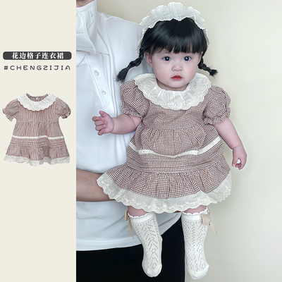 婴幼儿夏季甜美格子花边领连衣裙