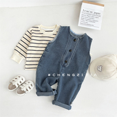 婴儿春秋装 套装 男女宝宝衣服洋气连体牛仔背带裤 条纹针织T恤长袖