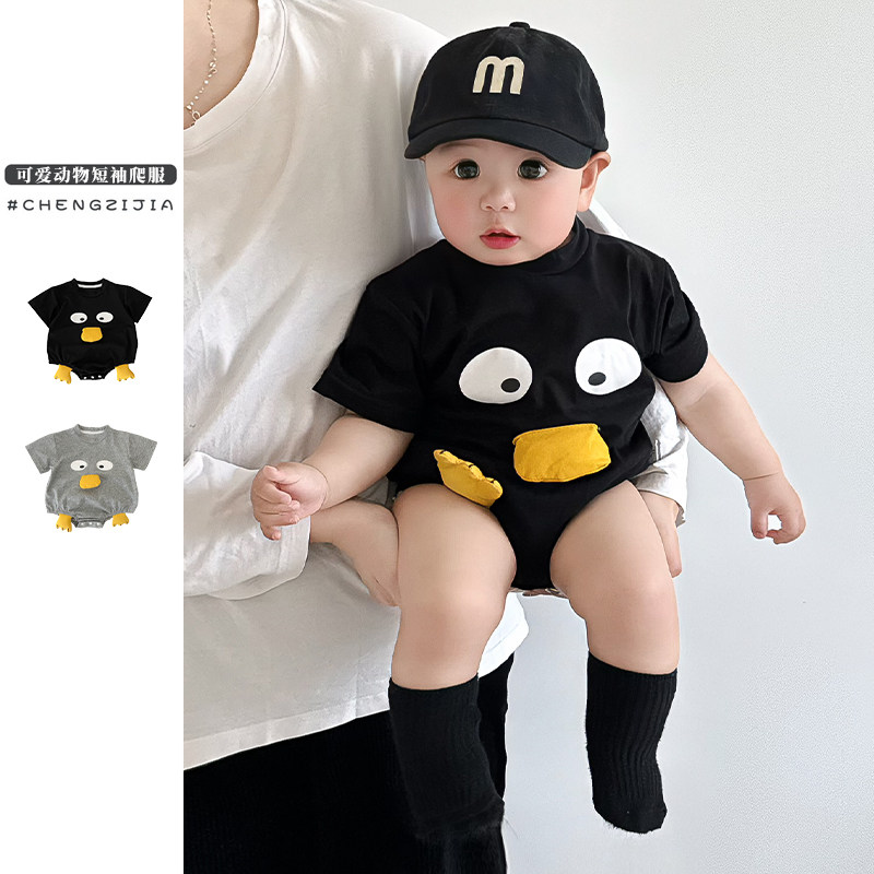 婴儿夏季卡通洋气哈衣爬服宝宝短袖三角包屁衣女童可爱动物连体衣