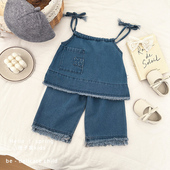 女宝宝洋气吊带上衣婴儿宽松牛仔裤 春秋季 子 女童牛仔套装 韩国童装