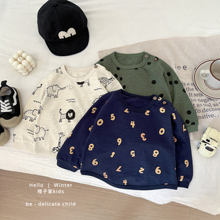 百搭上衣服 t恤帅气女宝宝卡通数字圆领打底衫 男童春秋装 纯棉长袖