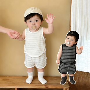 宝宝洋气条纹套头T恤上衣婴儿休闲百搭短裤 背心套装 薄款 男童夏装