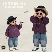 拉链立领外套婴儿洋气牛仔裤 男宝宝韩版 休闲冲锋衣套装 男童春秋款