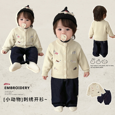 男童冬季卡通毛衣开衫牛仔裤套装