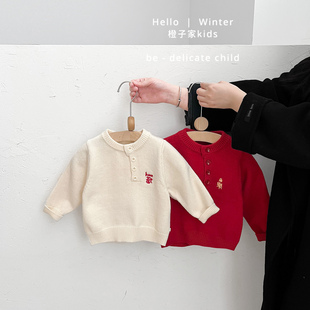 男童冬季 女宝宝纯色加厚保暖毛衣婴儿百搭上衣 新年刺绣圆领针织衫
