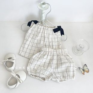 上衣宝宝宽松大PP短裤 女童蝴蝶结无袖 婴幼儿格子背心套装 清仓夏季