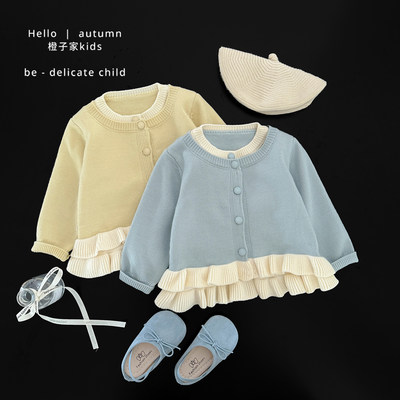 韩版女童春秋上衣假两件针织外套