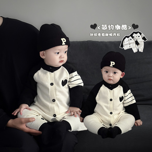 韩版超萌春秋款男宝宝针织开衫男童可爱舒适爬服小童休闲连体衣潮