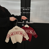 女童冬季 婴儿洋气上衣 过年红色加厚保暖毛衣男宝宝圣诞提花针织衫