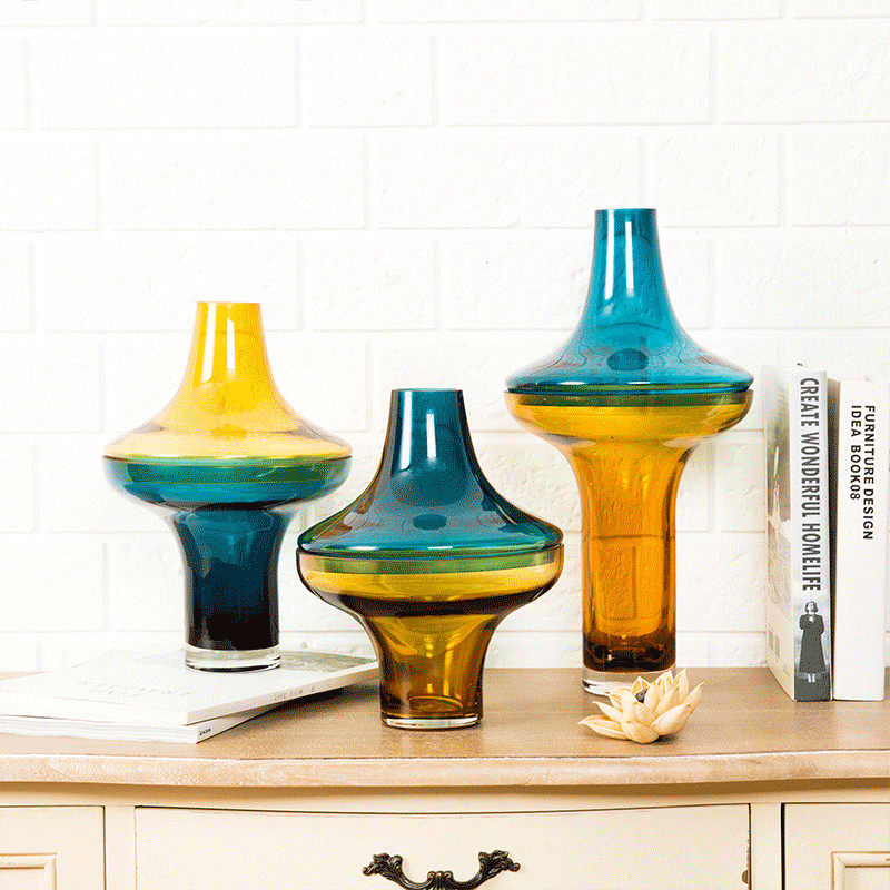 玻璃花瓶彩色双拼黄蓝小口装饰器皿设计师配饰客厅家居样板房摆件