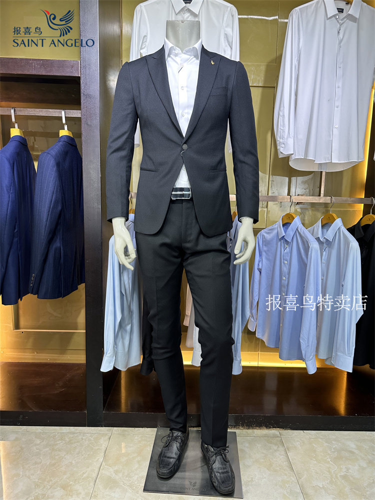 报喜鸟黑色纯色绵羊毛秋季绵羊毛男士修身商务两件西装套装西服
