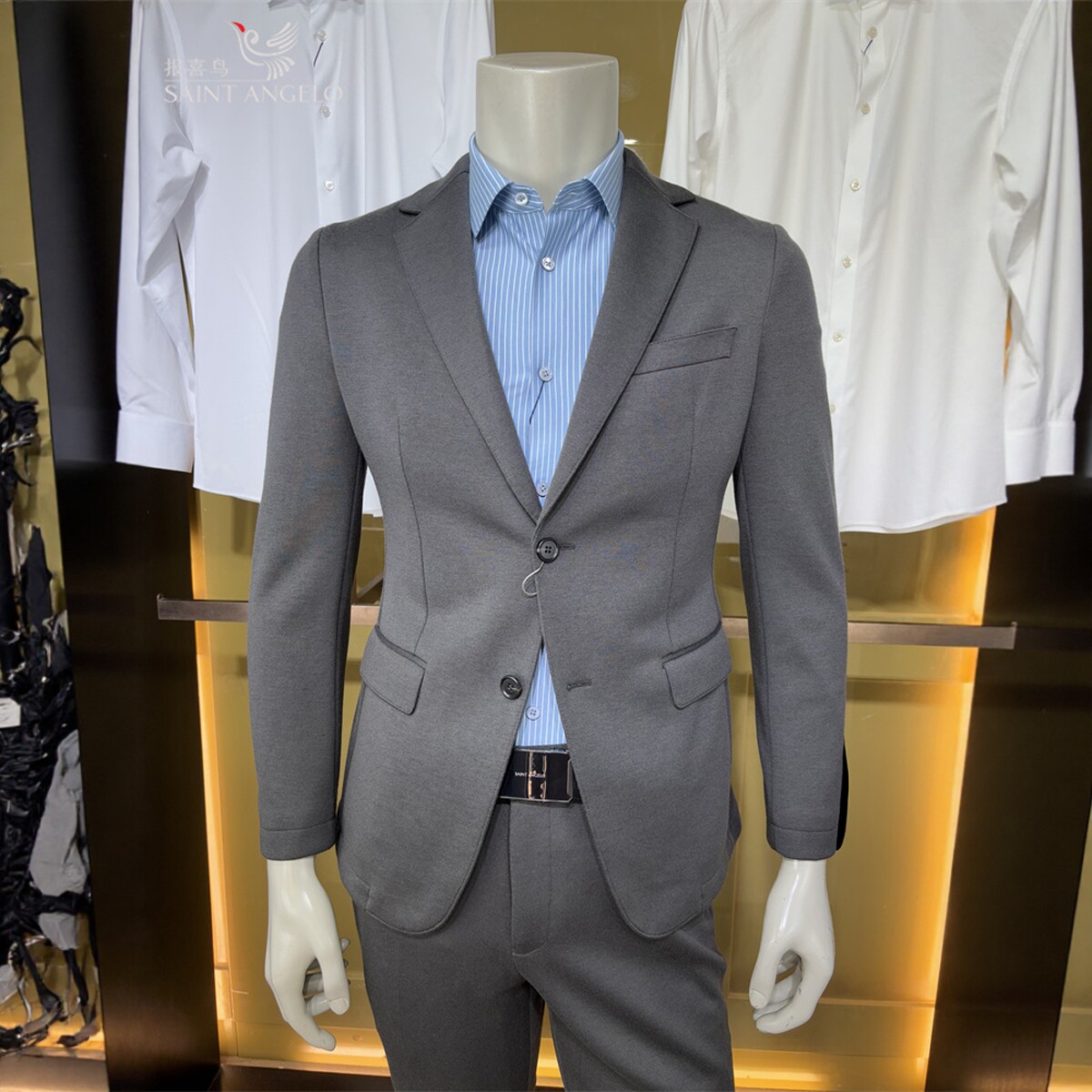 报喜鸟灰绿色纯色轻正装男士秋冬绵羊毛修身西装套装西服西裤套装