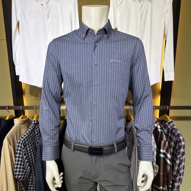 报喜鸟灰深蓝色竖条纹秋男士商务休闲正品LOGO修身款长袖衬衫衬衣