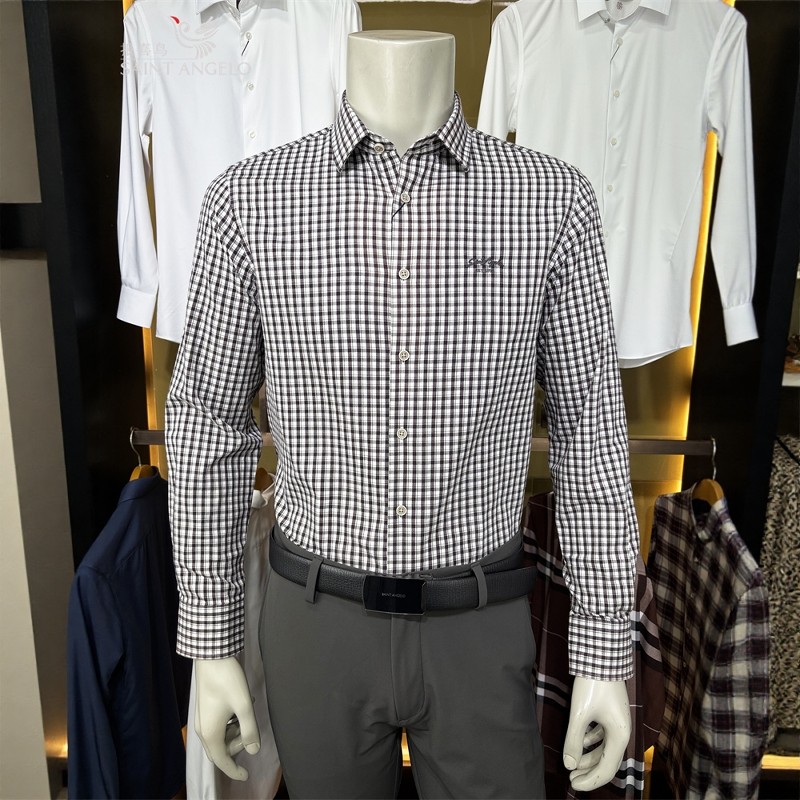 报喜鸟酒红格子棉莱赛尔秋男亨利格兰英伦风修身款长袖衬衫衬衣