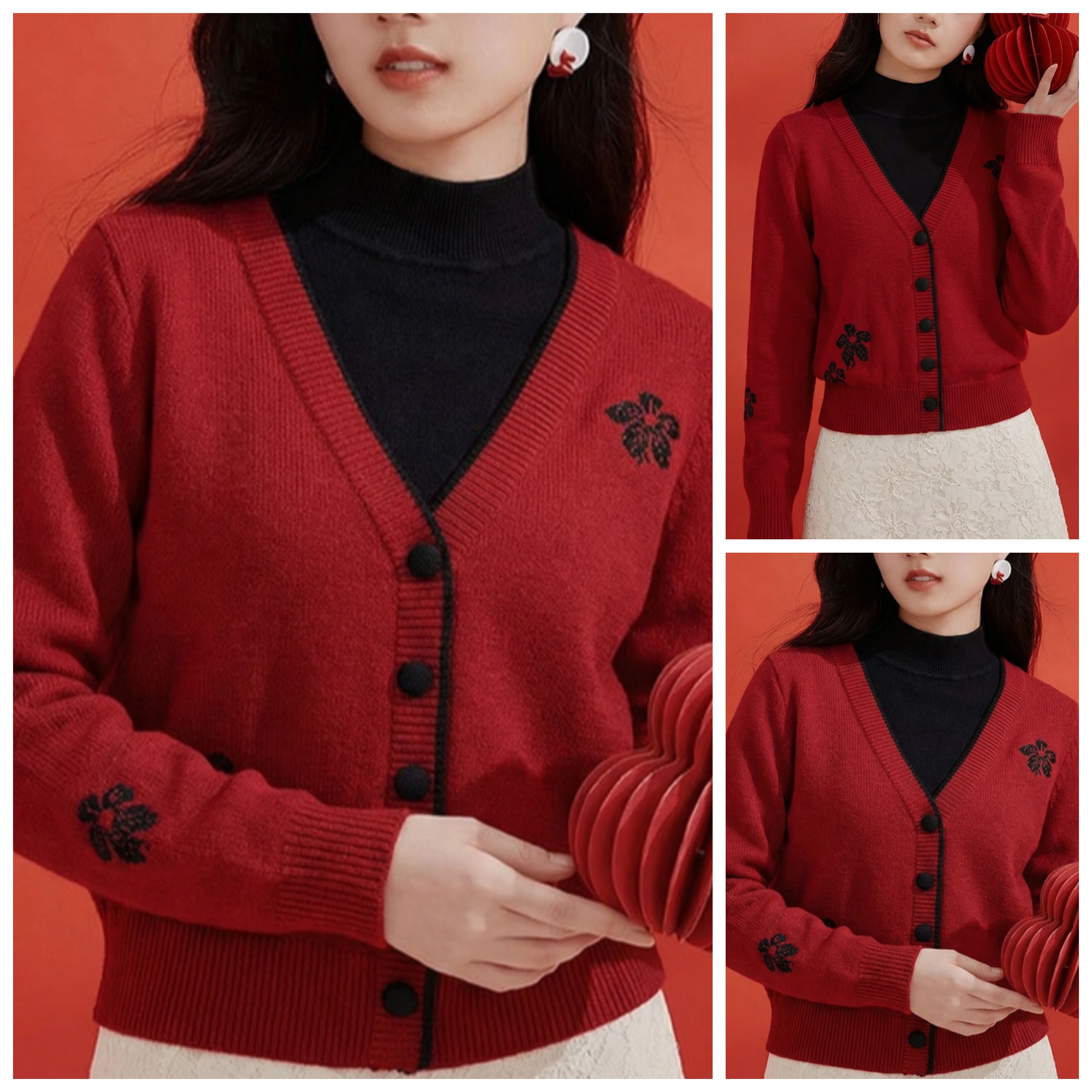 早春2026新款本命年红色针织衫女装假两件半高领长袖羊毛显瘦上衣