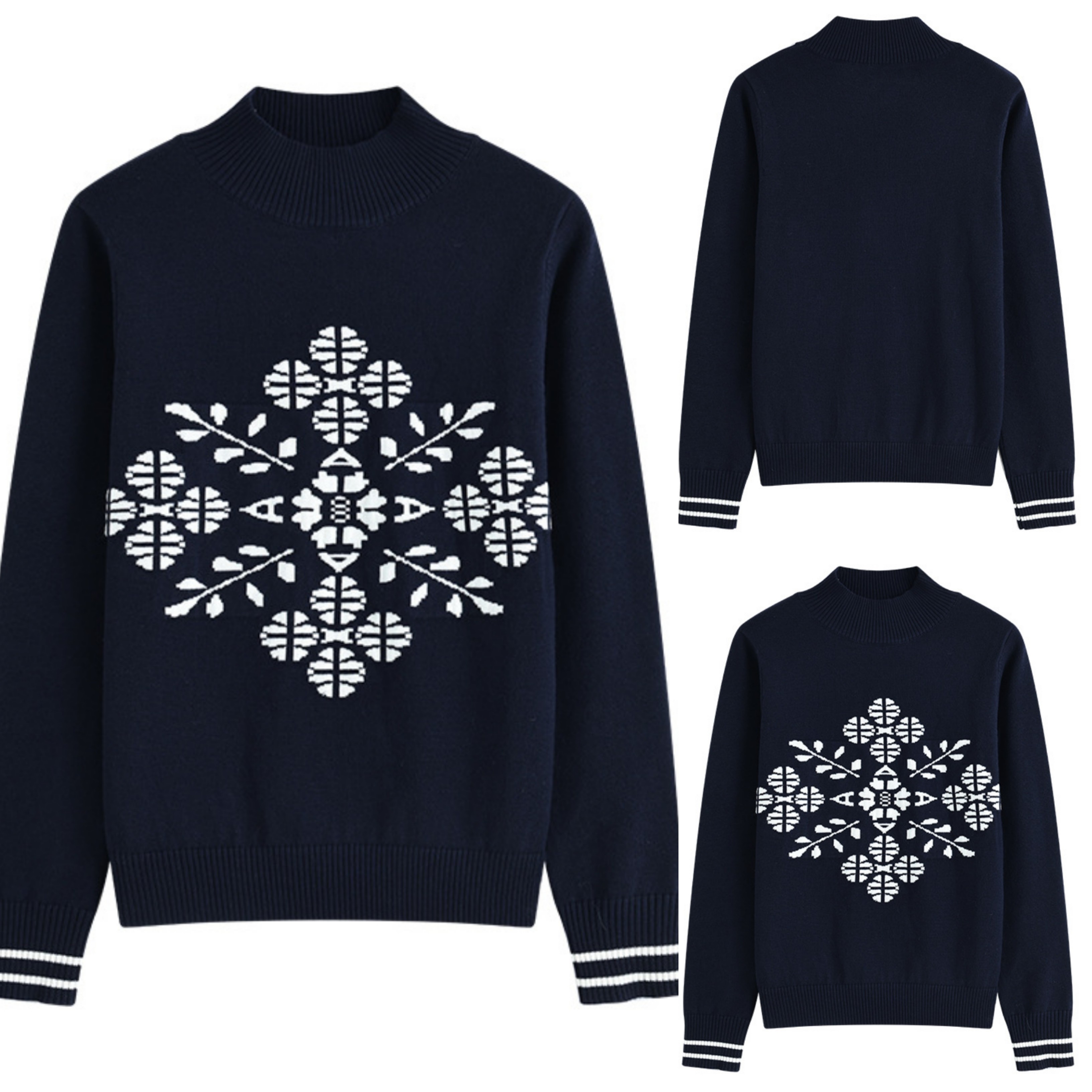 雪绒花提花羊毛呢藏青色针织衫女2025秋冬新款半高领长袖时尚上衣,女装/女士精品,羊绒衫,淘宝优惠券,粉丝福利购,淘宝优惠卷