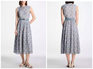 新款 LR定单 2026夏季 中长裙 苎麻叶片水滴印花连衣裙女圆领无袖