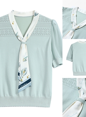 法式气质高级飘带领青蓝色针织衫女2025夏季新款套头短袖通勤上衣