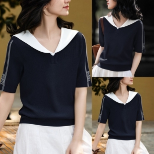 小香风海军领短袖字母针织衫女2025夏季新款气质减龄宽松显瘦上衣
