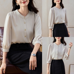 法式气质七分袖圆领衬衫女秋季新款2025设计感小个子修身百搭上衣
