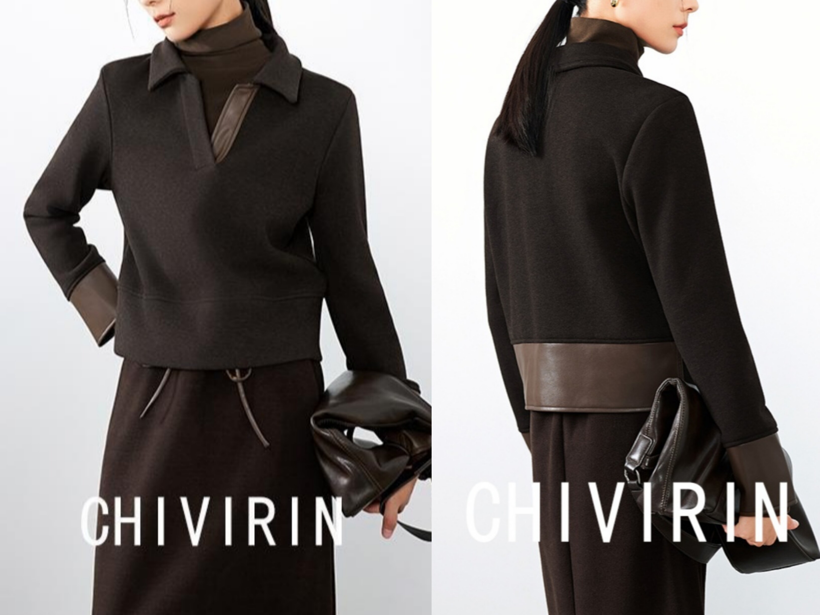 中性风复古翻领卫衣女2025秋季新款设计感小众拼接PU皮时尚POLO衫