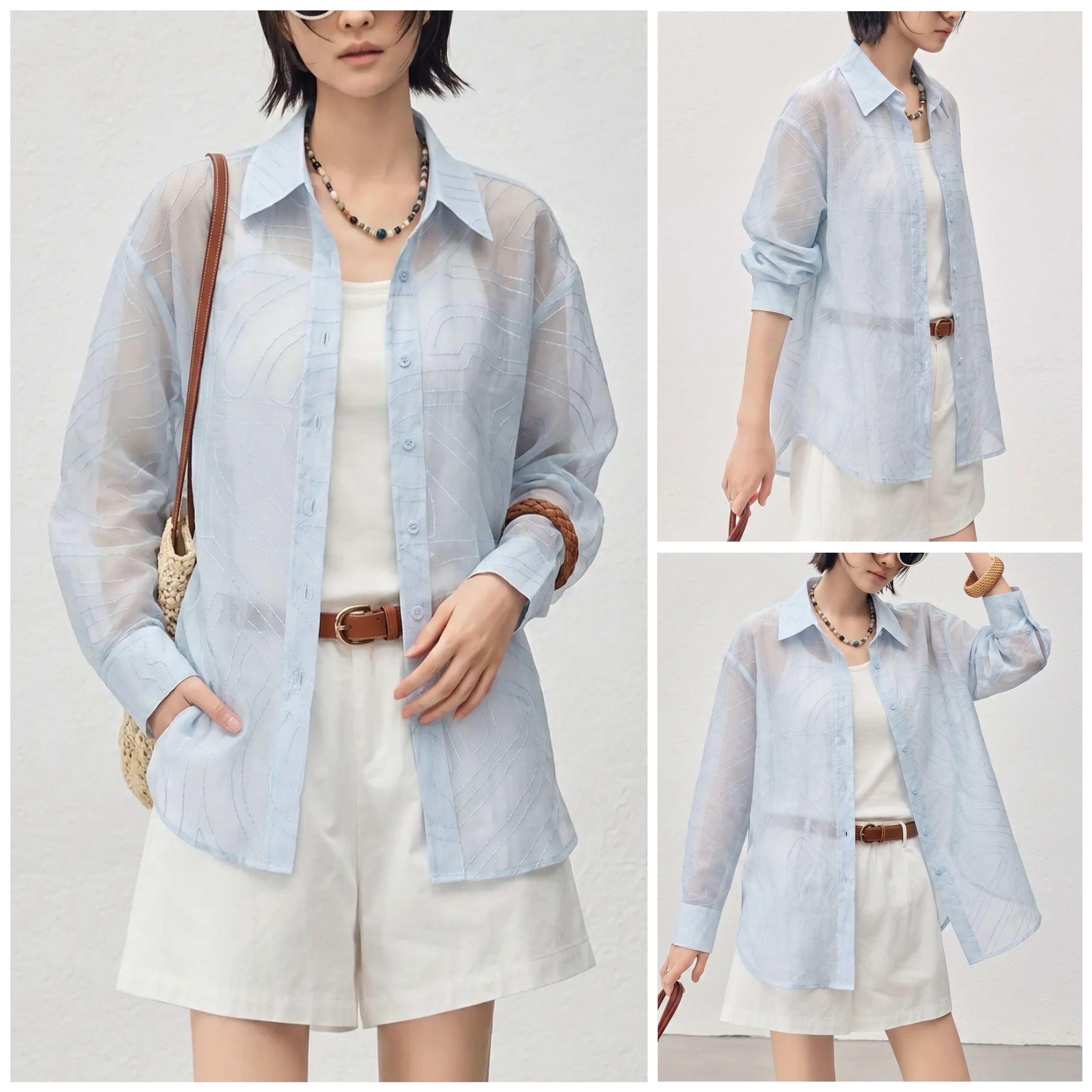 【致*定单】冰蓝色透视明线设计感长袖衬衫女宽松薄款防晒衬衣夏
