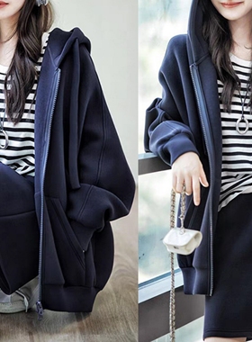 秋冬新款2024连帽长袖藏蓝色卫衣女高级感休闲百搭中裙子两件套装
