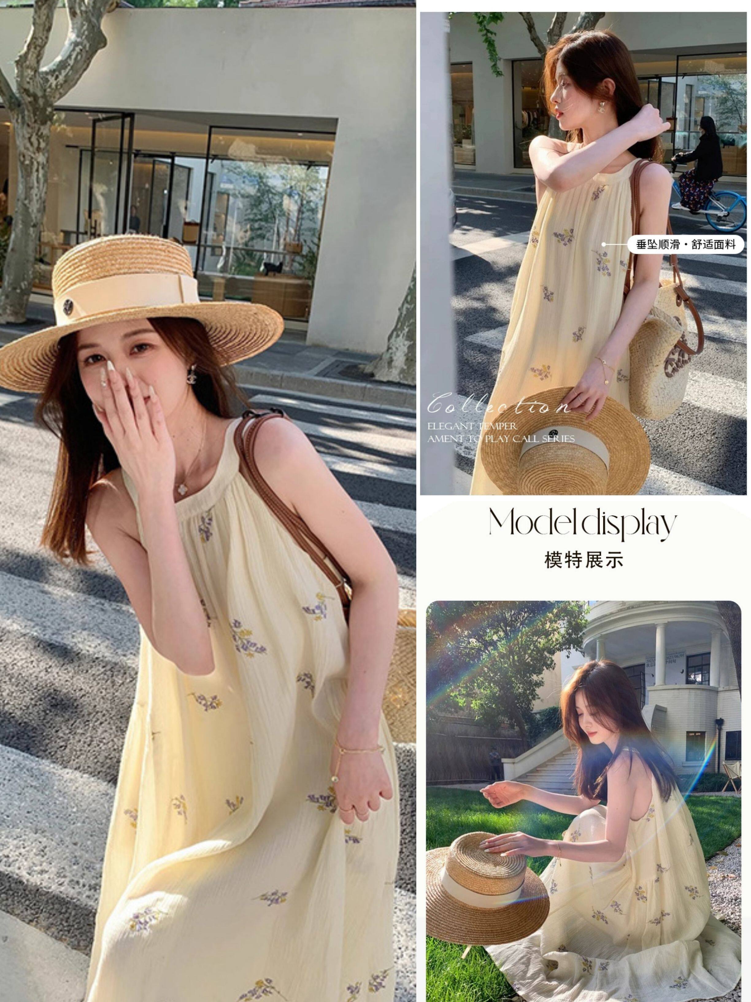 铃兰花刺绣挂脖连衣裙女夏季新款2025圆领无袖海边度假中长款裙子