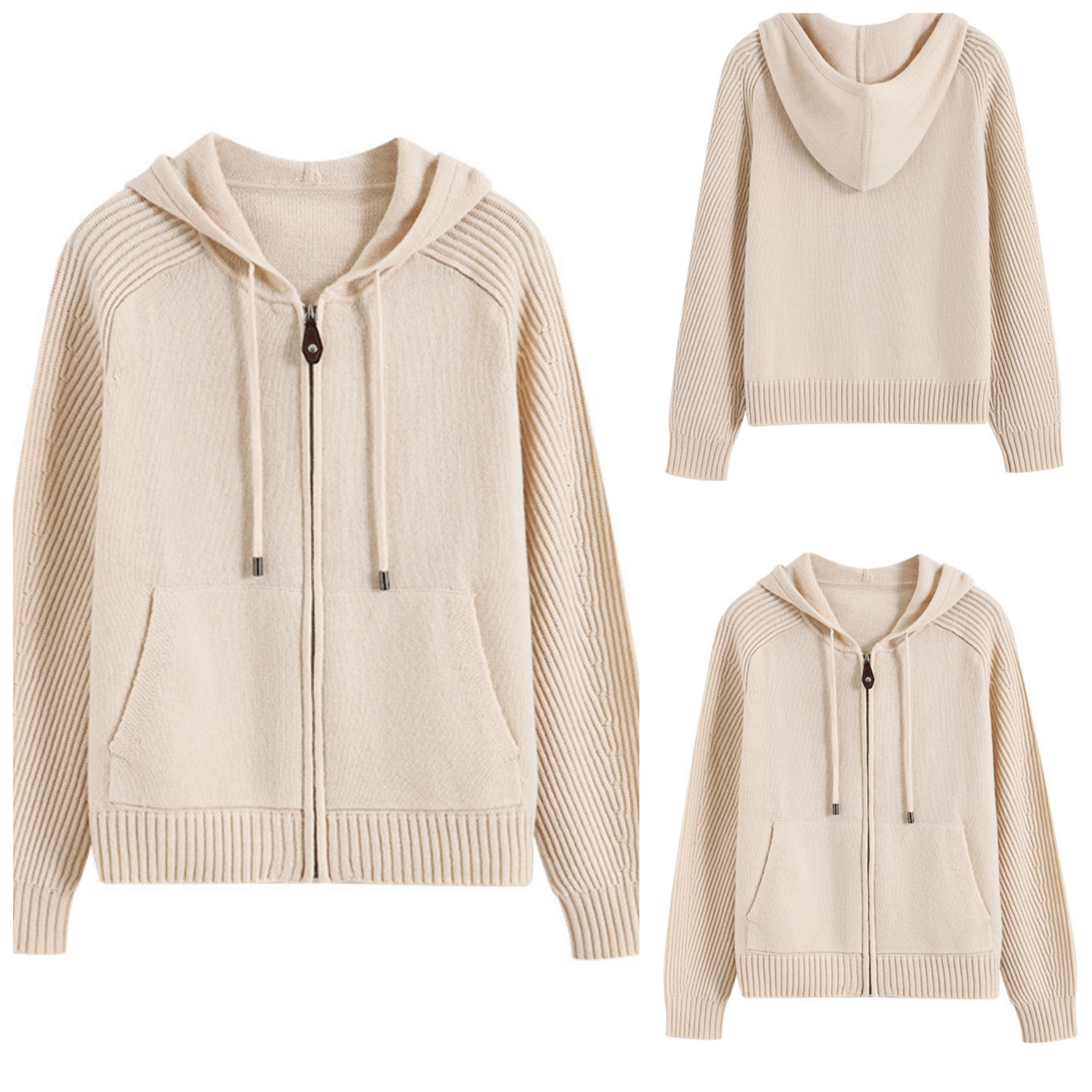 懒惰风连帽长袖杏色针织开衫女2025年秋季新款气质时髦绵羊毛上衣